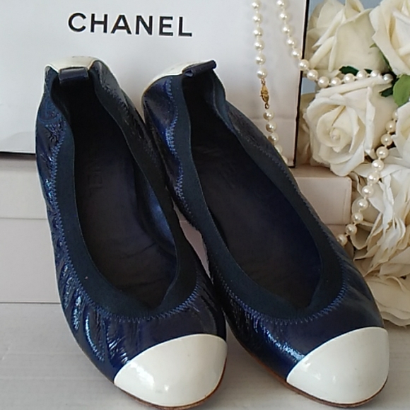 CHANEL Shoes - Chanel Stunning Navy blue/ White Flats!